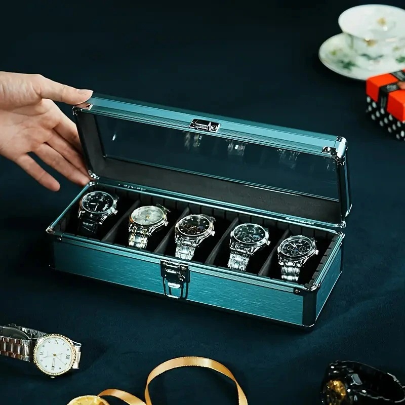 ウォッチケース 5スロット ハンドクラフト アルミニウム合金 ブルー ディスプレイ お洒落 スタイリッシュ モダン シンプル 腕時計オーガナイザー 4-7