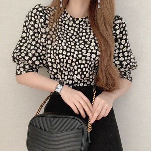 花柄 ブラウス レディース 韓国 ファッション プリント 小花柄 パフスリーブ トップス 半袖 ボリ