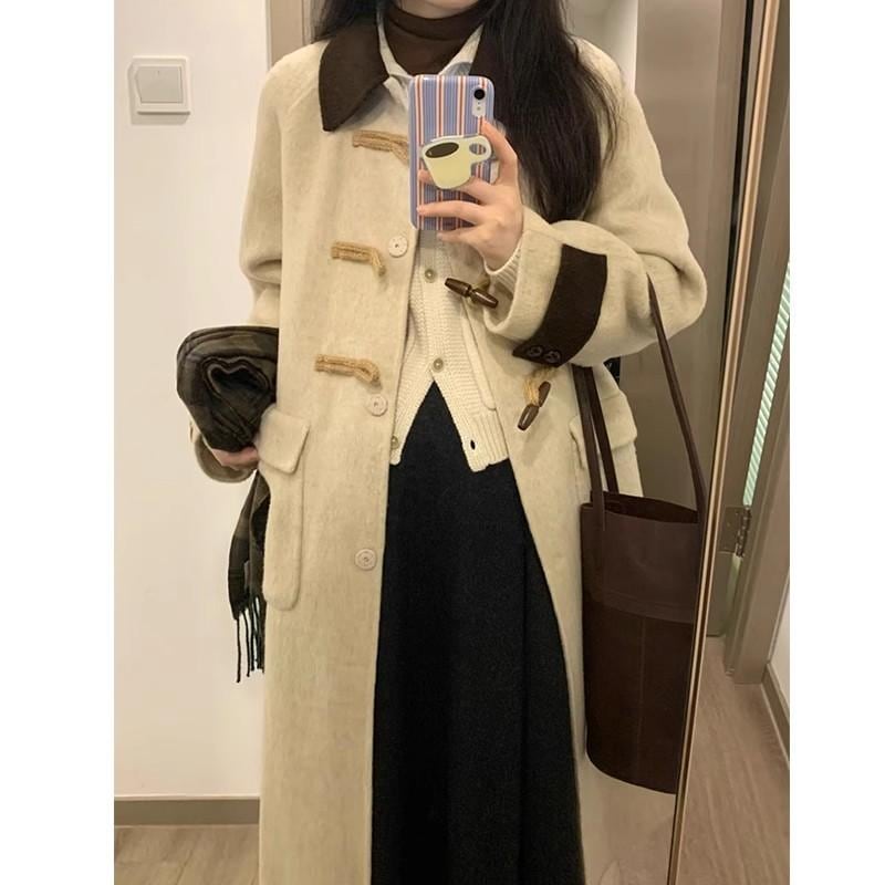 秋冬 コーデ レディース ファッション オシャレ 服 カワイイ シンプル 大人カワイイ 大きいサイズ ホーンボタン ウール コート ミディアム ロング 韓国スタイル
