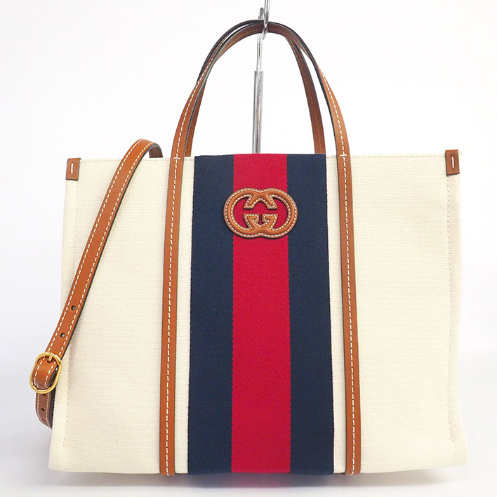 【美品】グッチ ウェブストライプ 2WAY ショルダー インターロッキングG レディース 【トートバッグ】
