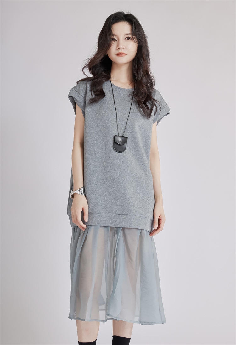 激安セール 半袖丸首ワンピース メッシュアクセント フェイクツーピース ミドル丈 夏季定番