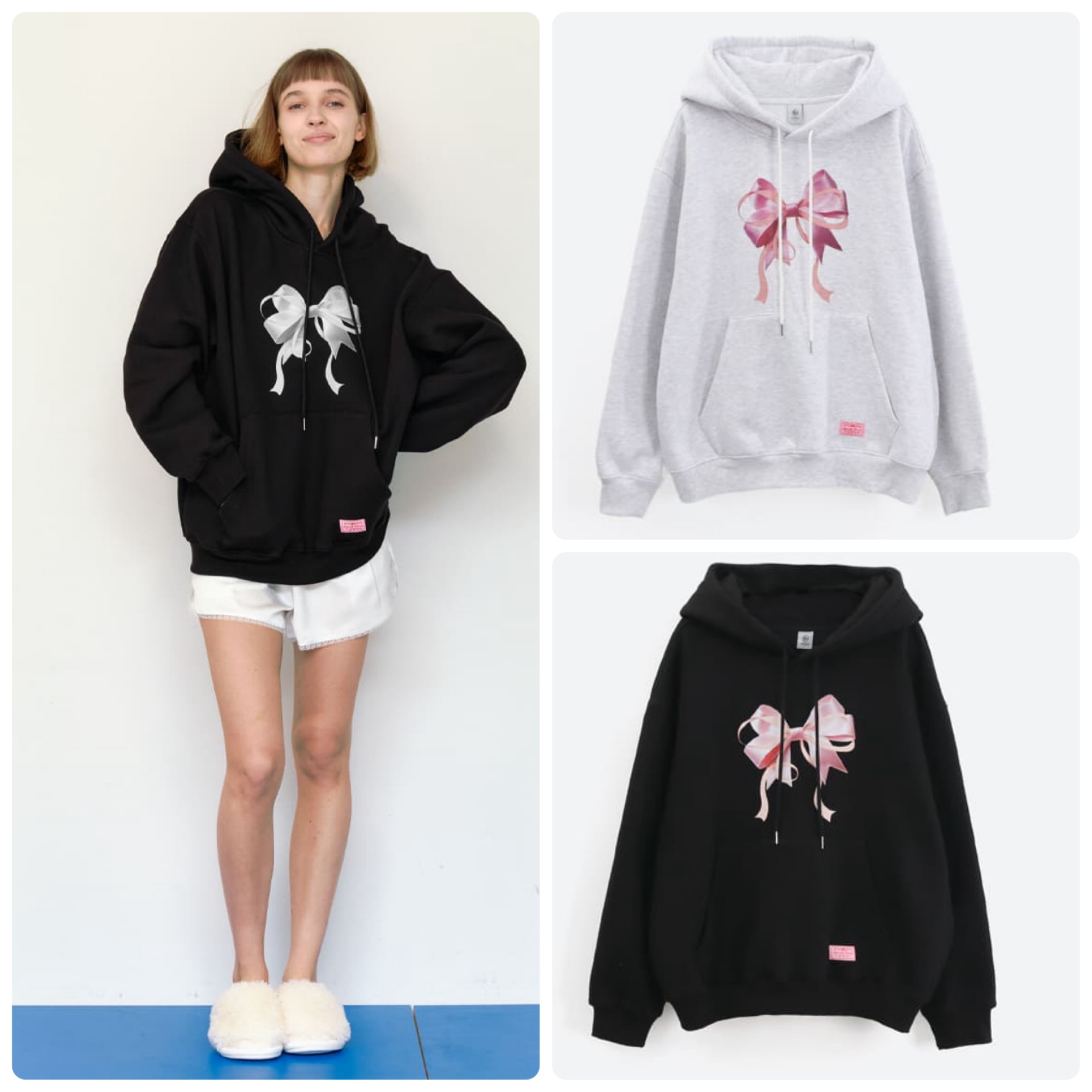 DOUBLE RIBBON OVERSIZED HOODIE BLACK SILVER 裏起毛あり