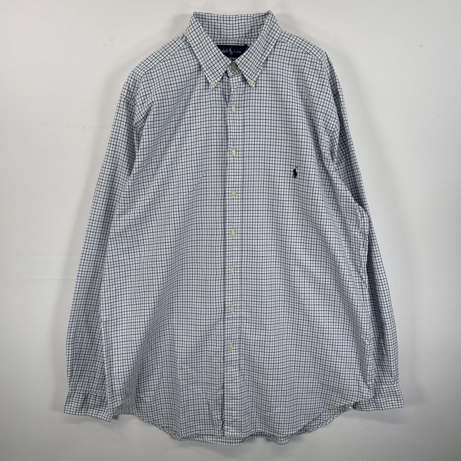 古着 長袖シャツ ボタンダウンシャツ ワンポイント 刺繍 大きいサイズ XLT ホワイト チェック メンズ