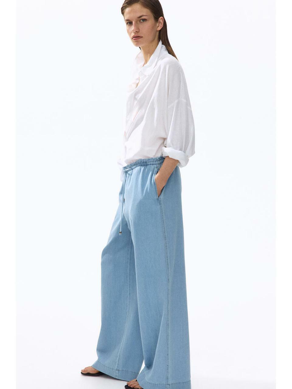H&M ペーパーバックワイドパンツライトデニムブルー 1327536006