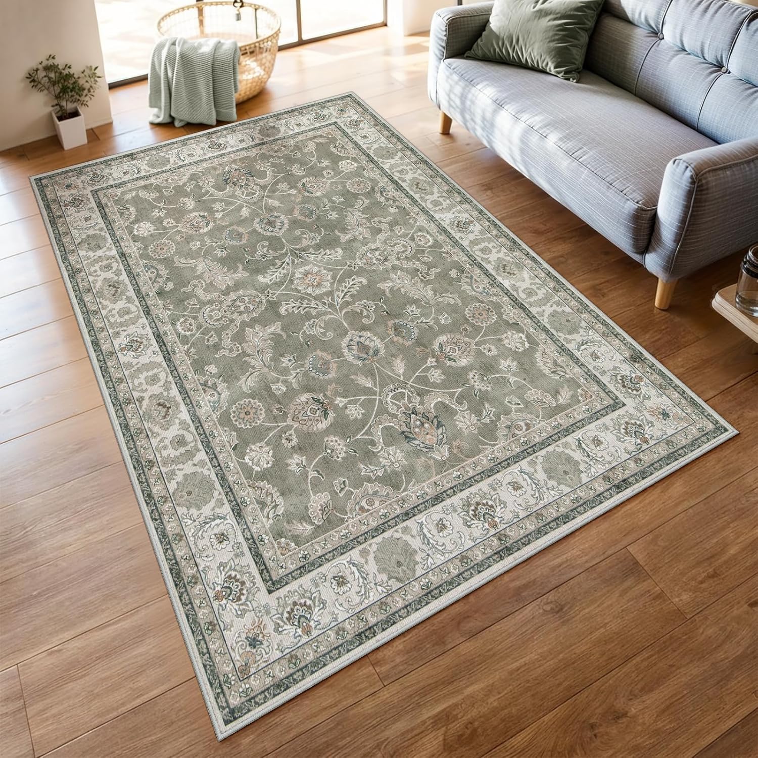 花柄ラグ 140x200cm モスグレー 洗える 滑り止め