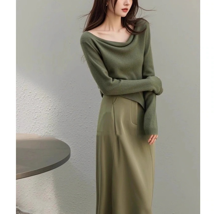 ハイエンドのカスタマイズ-韓国の雰囲気を着るグリーントップドレススーツ秋の女性の2024新しい釣りスタイルデートスカート