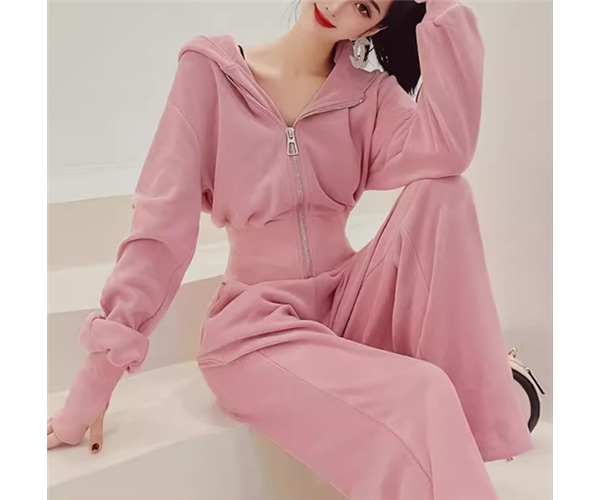 二点セット 上下セット ツーピース レディース スウェット ジャージ セットアップ スポーツウェア フルレングス 長袖 ファスナー 前開き ウエストゴム 異国風 薄手 かわいい 大人可愛い シンプル