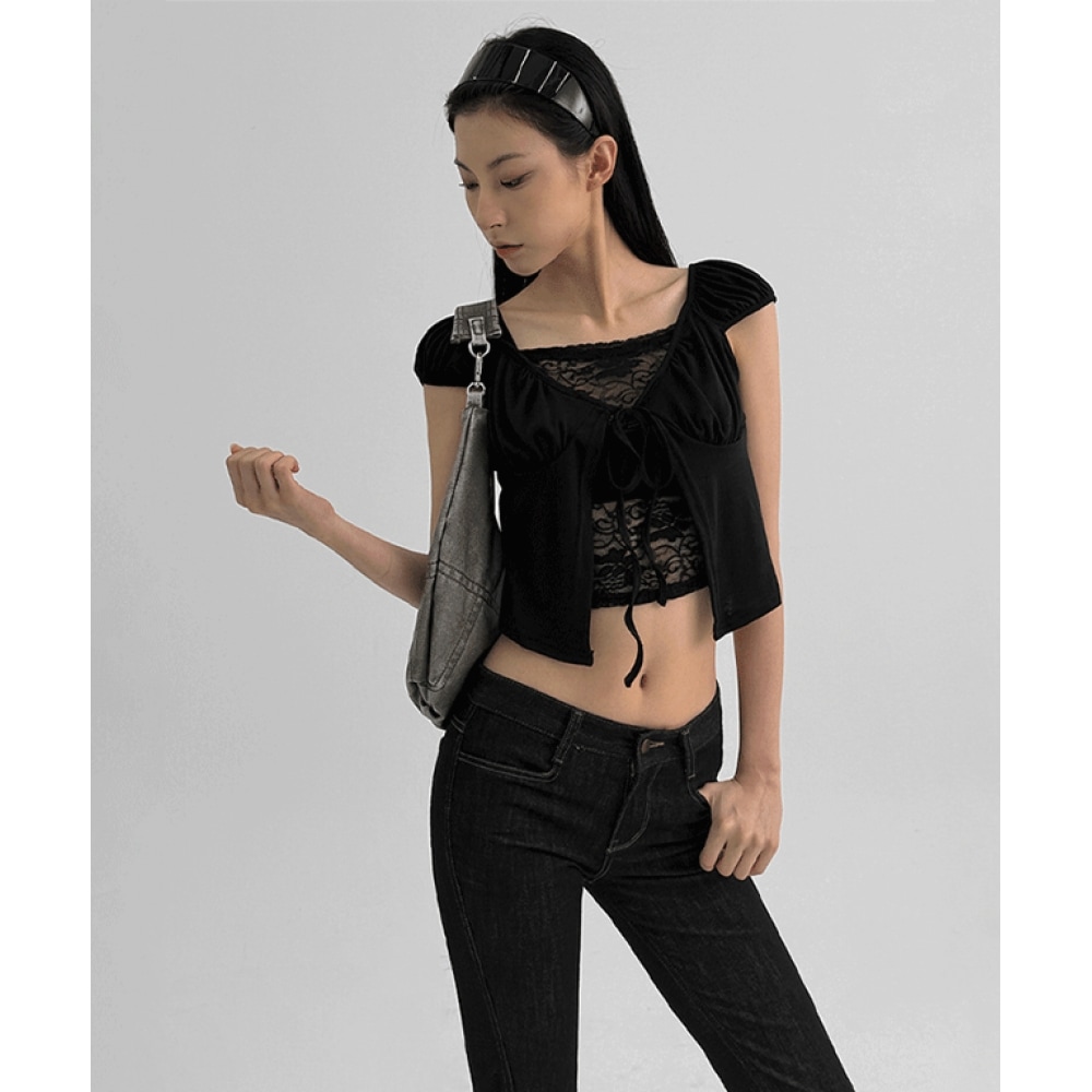 ブラックアップペンタットキャップスリーブレイヤードカーディガンショートスリーブ T シャツ