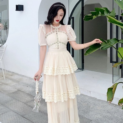 総レースワンピース ワンピース フレアワンピース ワンピドレス ロング ロング丈 袖あり 半袖 パフスリーブ ハイネック フレア Aライン プリーツ レース フリル ハイウエスト 透け感 シースルー