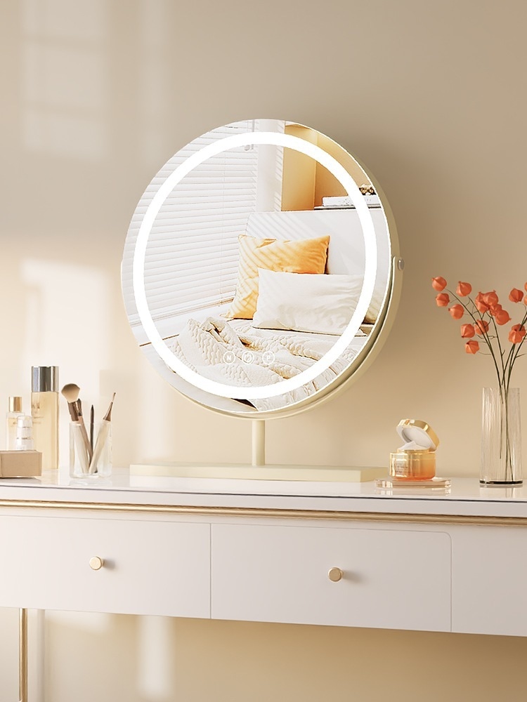 【白バレンタイン】鏡 クリーミーなスタイルのledメイクアップミラーライト付きスマートドレッシングテーブルミラーベッドルームホーム回転デスクトップデスクトップドレッシングミラー 福袋