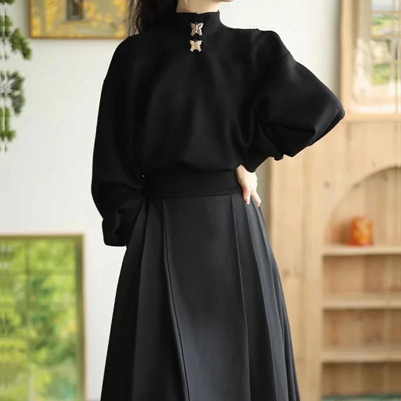 スタンドカラーパーカー レディース チャイナ風トップス パーカー 白 黒 長袖 蝶飾り