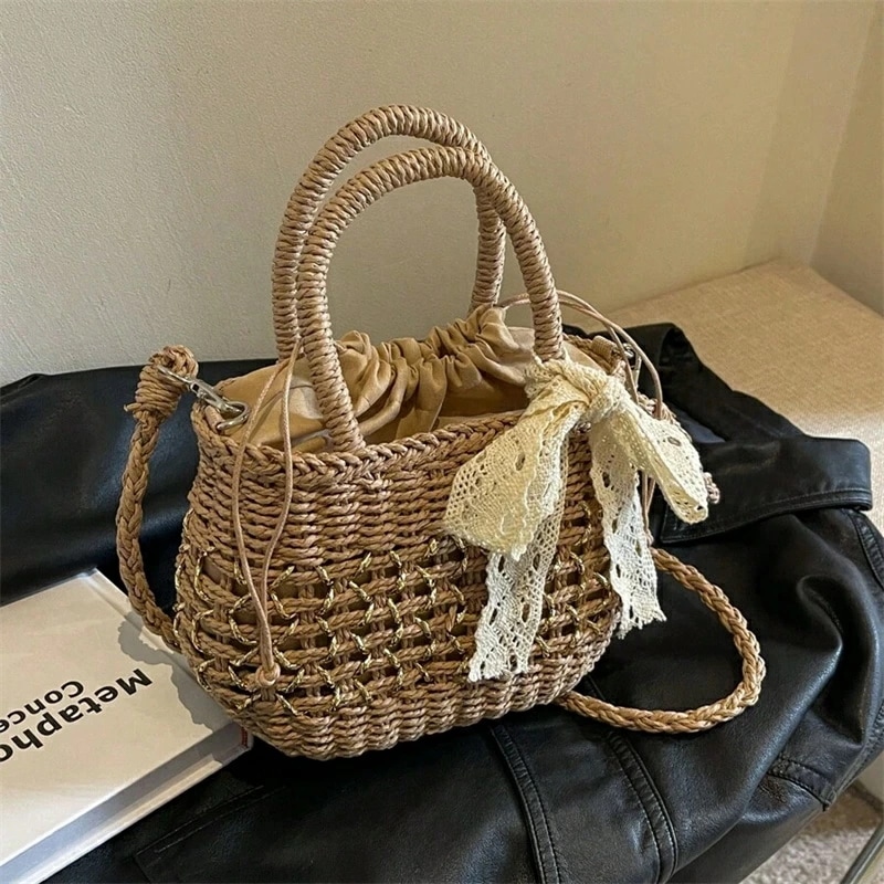 ファッショナブルなカジュアルなちょう結びシンプルで多機能なストローハンドバッグショルダーバッグクロスボディバッグビーチバカンス旅行ショッピングに