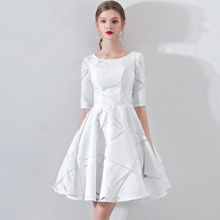 ドレス パーティードレス ミニドレス イブニングドレス ワンピドレス ショート丈 袖あり 五分袖 ラウンドネック 襟なし Aライン スリム 細身 プリーツ ウエストマーク ファスナー ハイウエスト