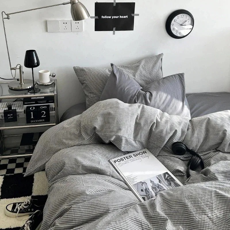 4点セット 感 ライトグレー 日系 シーツ シンプル レトロ こうし ストライプ 綿 布団カバー 抗菌 枕カバー 寝具