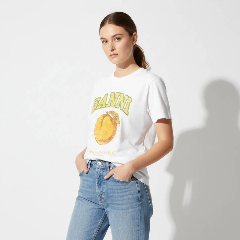 GANNI T3529 151 ピーチロゴ レディース半袖Tシャツ