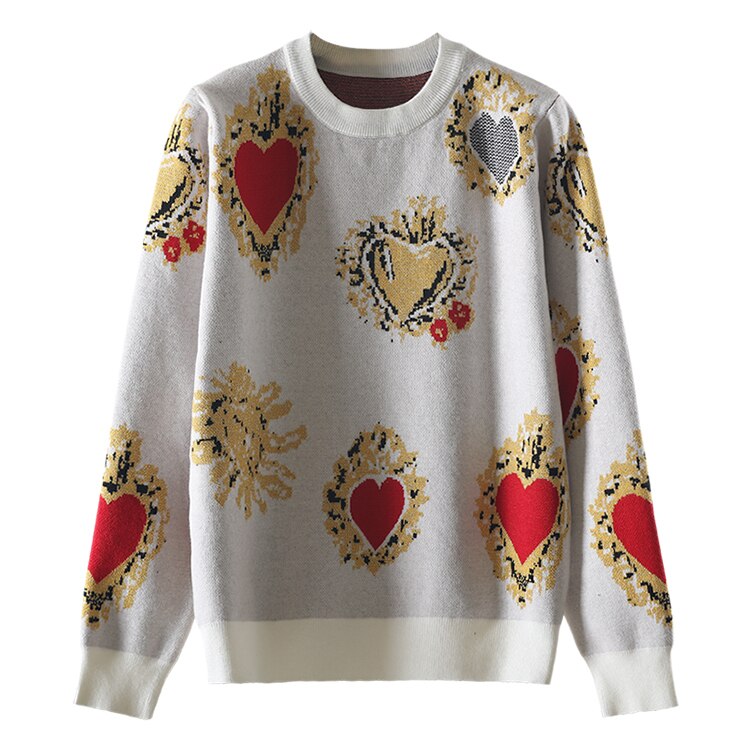 ジャカードルーズラウンドネックのプルオーバーセーター ２色 レトロ風 ハート柄 トップス ニット セーター プルオーバー チュニック 冬 春 秋 かわいい きれいめ カジュアル ゆったり 長袖 萌袖