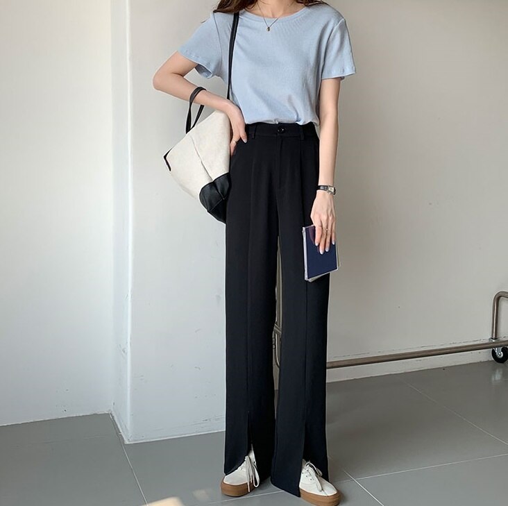 5色 パンツ 春夏 レディース ロングパンツ 無地 スリット ファスナー ポケット フロントスリット ブラック ブルー イエロー ピンク 水色 大人可愛い きれいめ シンプル カジュアル 大人 上品