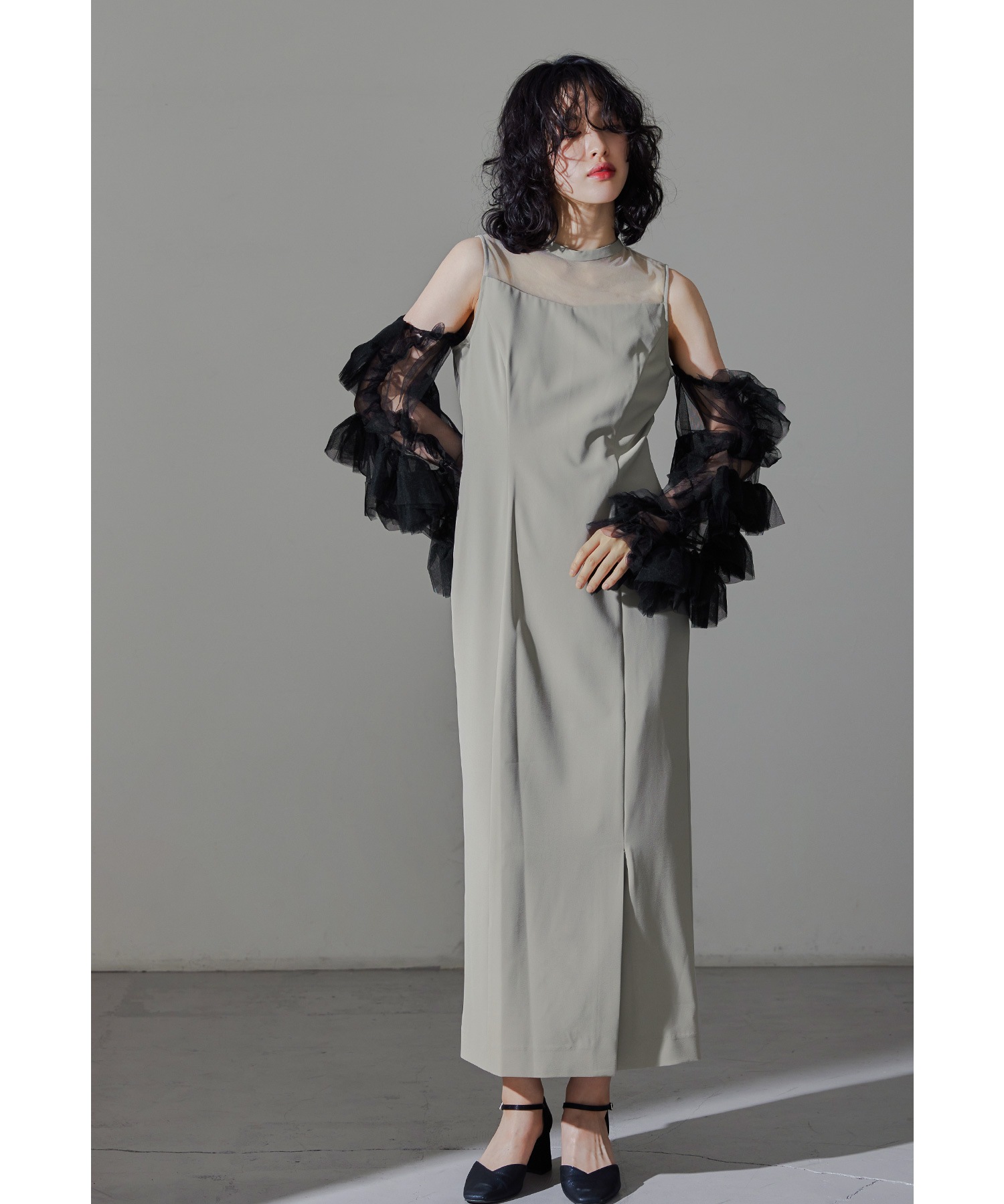 デタッチスリーブドレス パーティードレス 結婚式 チュール ボリューム袖 フリル Iライン タイト シアー 無地 パール ベロア 肩出し オフショルダー お呼ばれ パーティー 二次会 披露宴 謝恩会