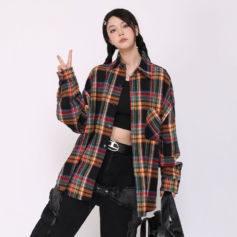 レトロ チェック シャツ レディース アウター ゆったり インナー トップス 長袖 シャツ アウター37