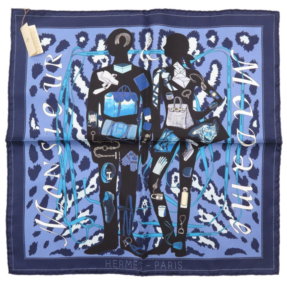 美品 カレ40 MONSIEUR ET MADAME ムッシュ&マダム スカーフ シルク/シルク ブルー 0217【中古】 ユニセックス
