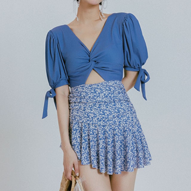 切り替え ワンピース水着 半袖　ドッキングワンピース 花柄 スイムウェア ママ水着