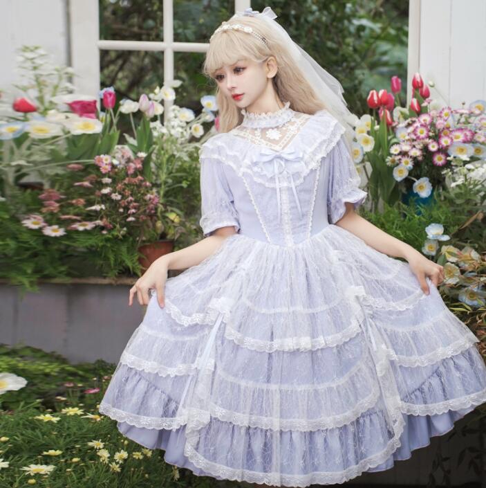 ロリータワンピース 新品　半袖ロリータドレス　Lolita　レース　ロマンチック　ロリータウェディングドレス ハイネック　レディース　仙女風　重ねレースゴスロリワンピース　ジャンパースカート　萌え 姫
