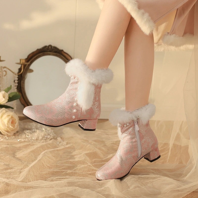 ロリータのスイートラビットファーショートブーツファッション太ヒール宴会チャイナドレス婦人靴大きいサイズ多用途安い