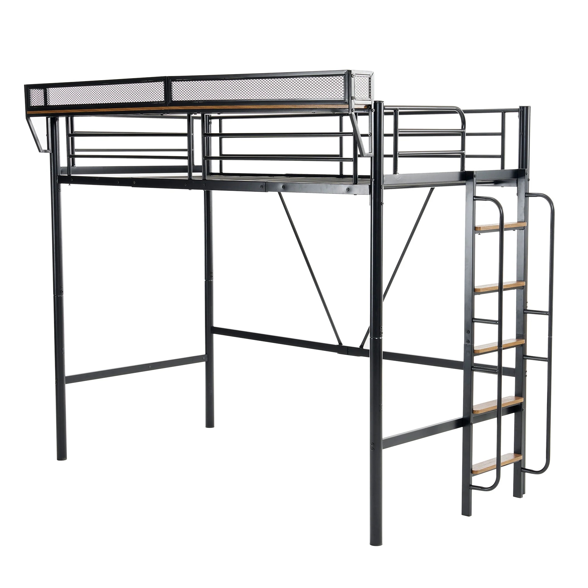【ブラック】システムベット 宮棚　ロフトベッド シングル 手すり付き階段 便利な側面収納 北欧風 大人用　 スチール 耐震