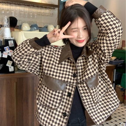 ジャケット トップス チェック ボタン付き 黒チェック 茶色チェック 個性的 女の子 プレゼント