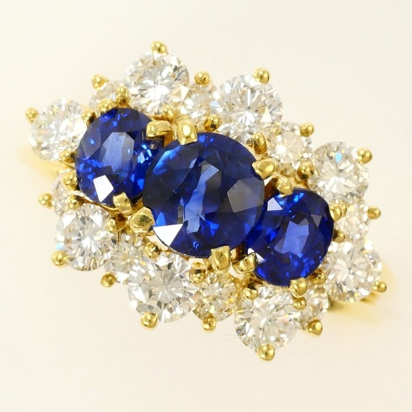 K18 18金 YG リング 14号 ロイヤルブルー サファイア ダイヤ 鑑別書 中古