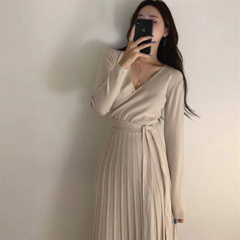 のワンピースベーシックニットニットワンピース韓国ファッションVネックハイウエストロングニットドレスドレス
