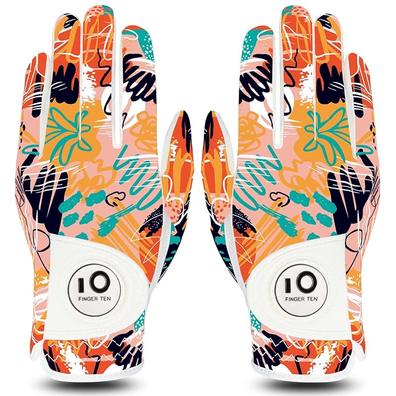 ゴルフ グローブ レディース 両手 全天候 ボールマーカー付き 握りしめている 柔らかい快適 (サンオレンジ & フルフィンガー, 21)