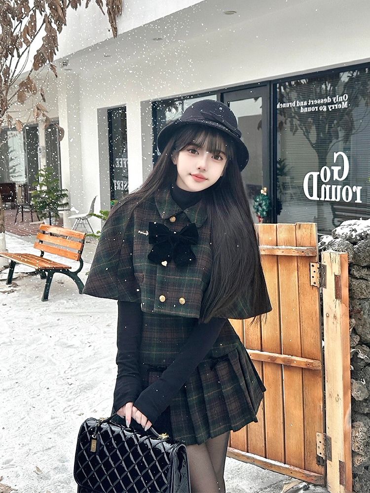 人气新作韓国ファッション秋冬 セット服 レディース マントストールチェック プリーツスカートスーツ ファッション セットアップ 上下セット 3点セット