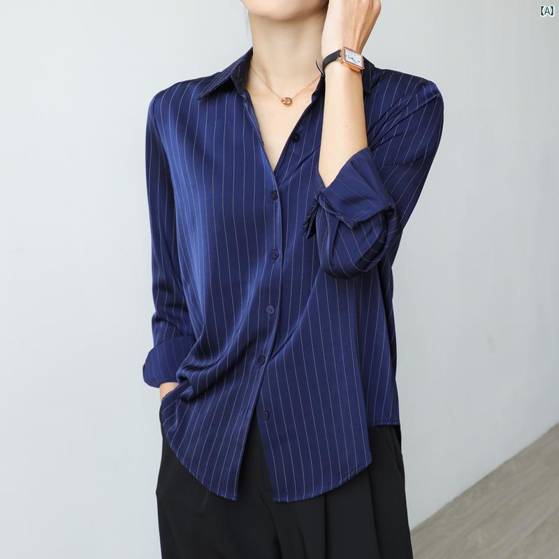 レディース ファッション　レディース　カジュアル　上品　綺麗　外出 ダーク ブルー フレンチ ストライプ サテンシャツ 春 長袖 シャツ ハイエンド トップ