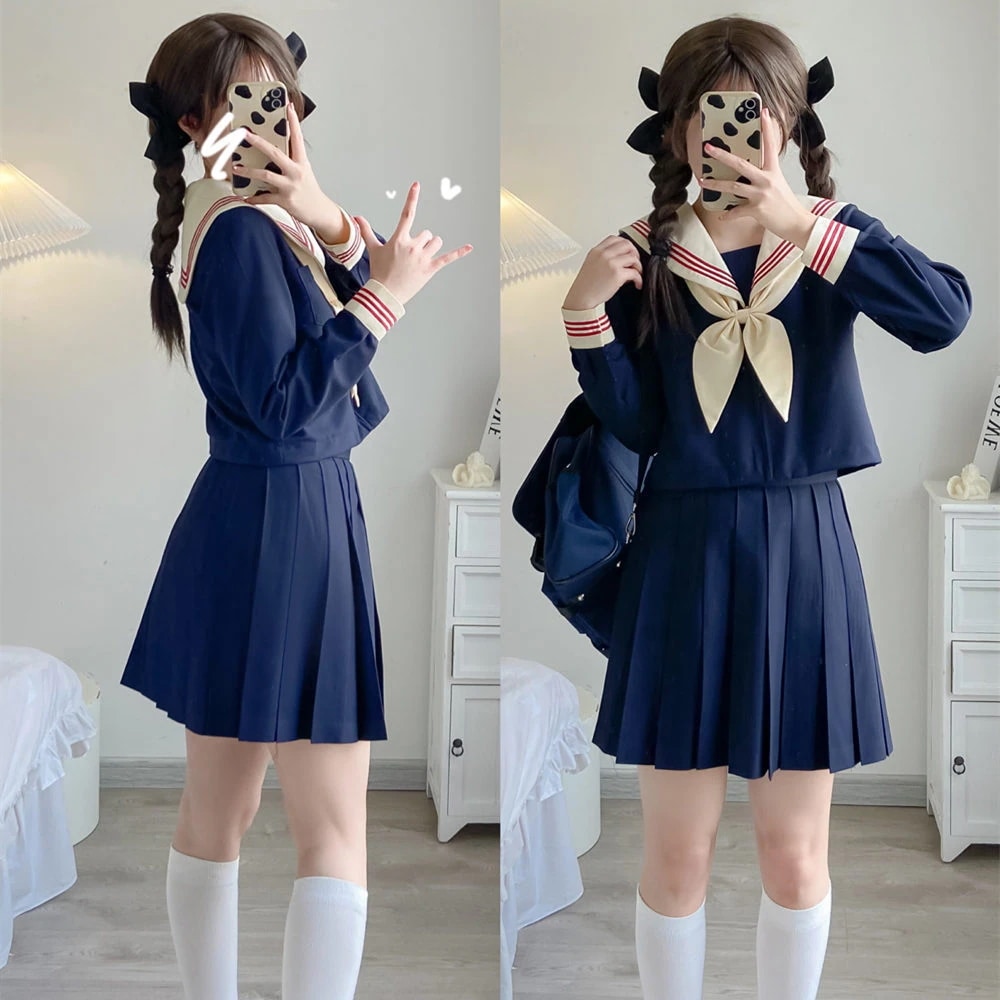 【1つ買うと10つ無料】Jkユニフォームのカレッジフンシュイハンドスーツ女性の基本的な長袖ミドルスーツバッドロングスカートセット