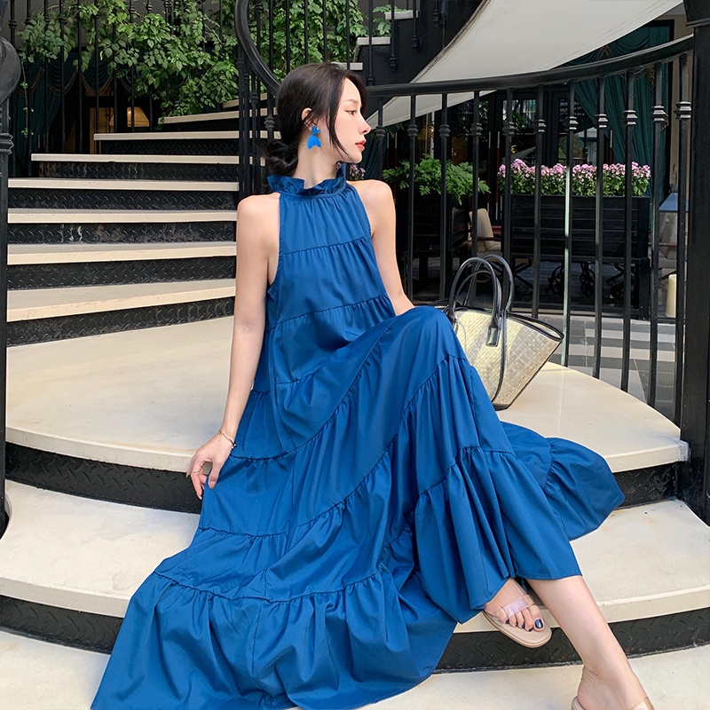 【送料無料】レディース ワンピース ノースリーブ フリル バックリボン フレア ティアード