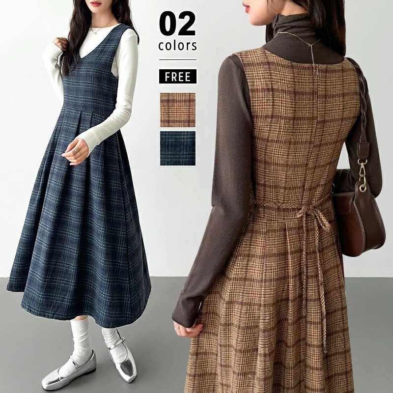 [迅速な配達][限時割!引!]ジャンパースカート vネック チェック ワンピース レディース 大人 aライン フレア ミモレ丈 大人可愛い 着痩せ 大きいサイズ チェック柄 ノースリーブ レトロ ジャ