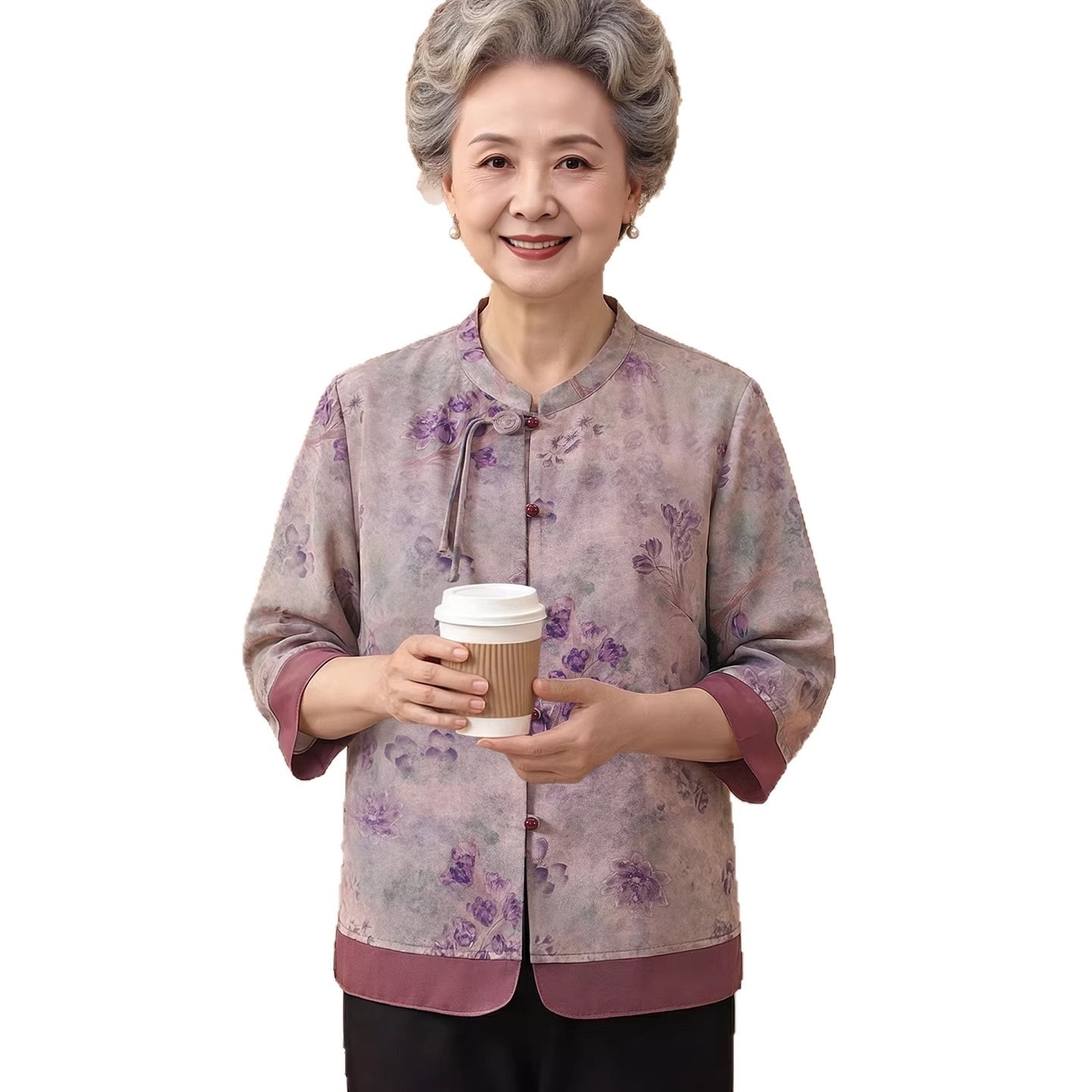 新中式おばあちゃんの春物ラウンドネックシャツ高級感のある中年女性用半袖カーディガン中年女性用ノーカラーシャツ