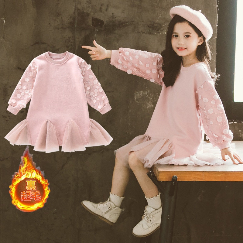 ワンピース 長袖 トップス キッズ ジュニア 女の子 裏起毛 あったか 丸襟 Aライン 膝丈 ビジュー 水玉 ドット チュールレース フリル 袖リブ