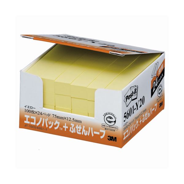 (まとめ) 3M ポストイット エコノパック ふせんハーフ 再生紙 75×12.5mm イエロー 5601-Y20 1パック（24冊） (×10セット)