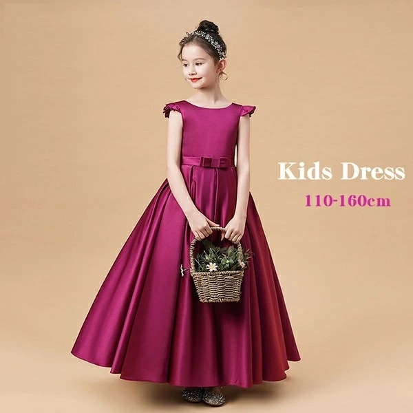 ピアノ発表会 ドレス 中学生 ワンピース ジュニアドレス 七五三 子供ドレス パープル 紫 キッズドレス 160 女の子 フラワーガール フリル袖 Aライン リボン付き タフタ素材 高級 ロングドレス