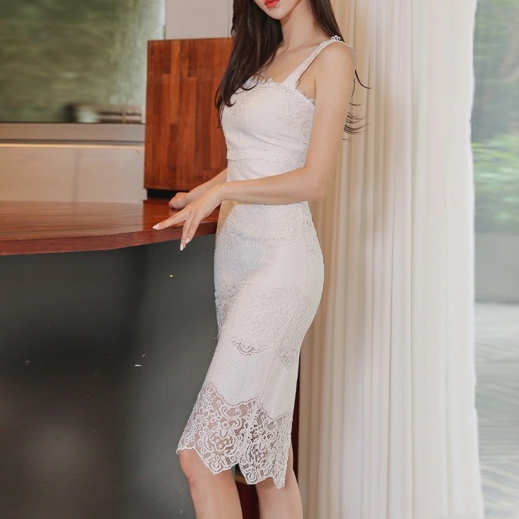 エレガントレース ドレス パーティドレス セクシー タイトフィット ワンピース 透け感 ワンピ 膝丈 半袖 襟なし スクエアネック エレガント バックスリット 上品 袖なし 裏地あり レトロ かわいい