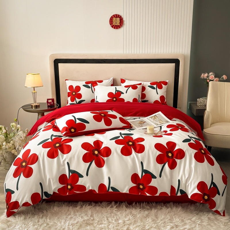 大好評 ウェディング4点セットウェディング寝具セットウェディングルーム4点セット赤いベッドシーツとキルトカバー