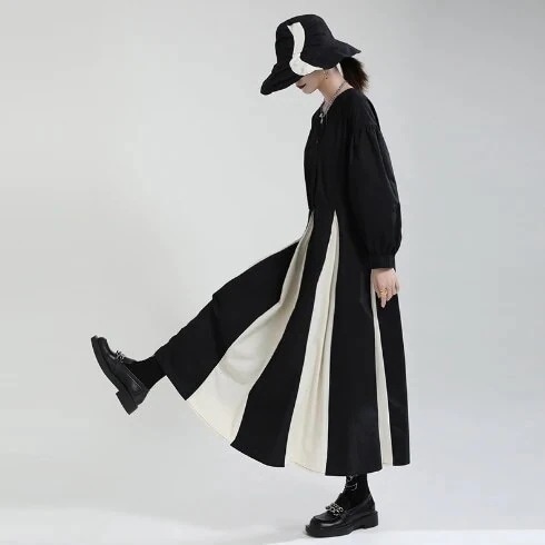 個性 不規則 デザイン バイカラー切り替え オーバーワンピース 黒 個性ワンピース