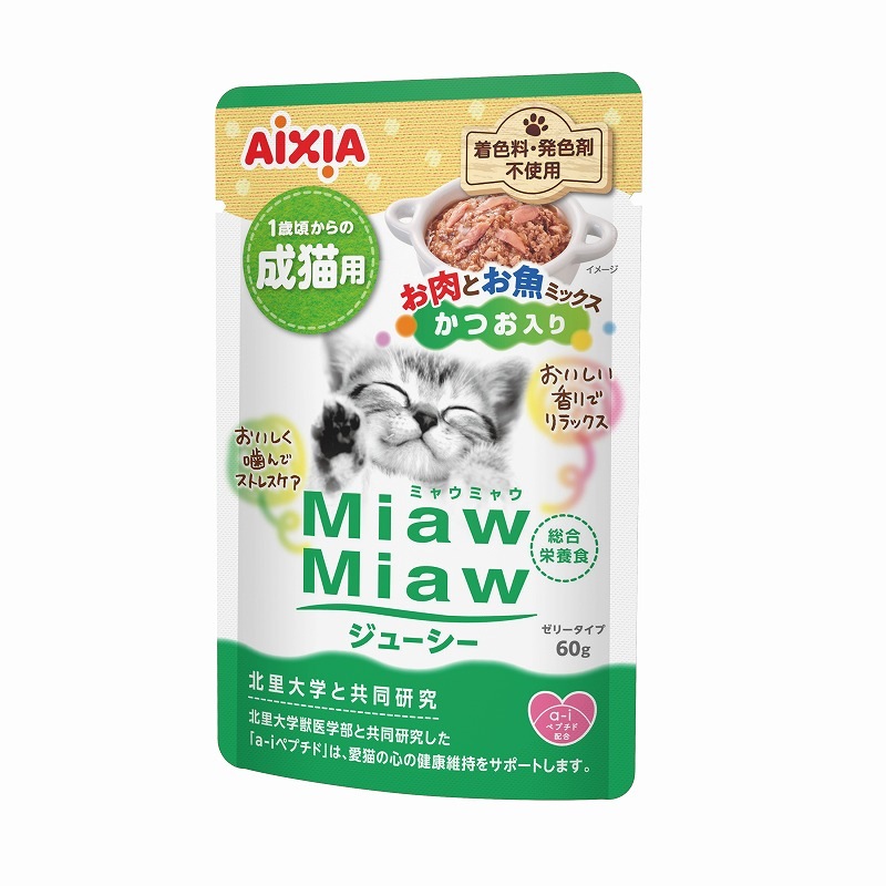 （まとめ買い）MiawMiawジューシー お肉とお魚ミックス かつお入り60g 猫用フード [x40]