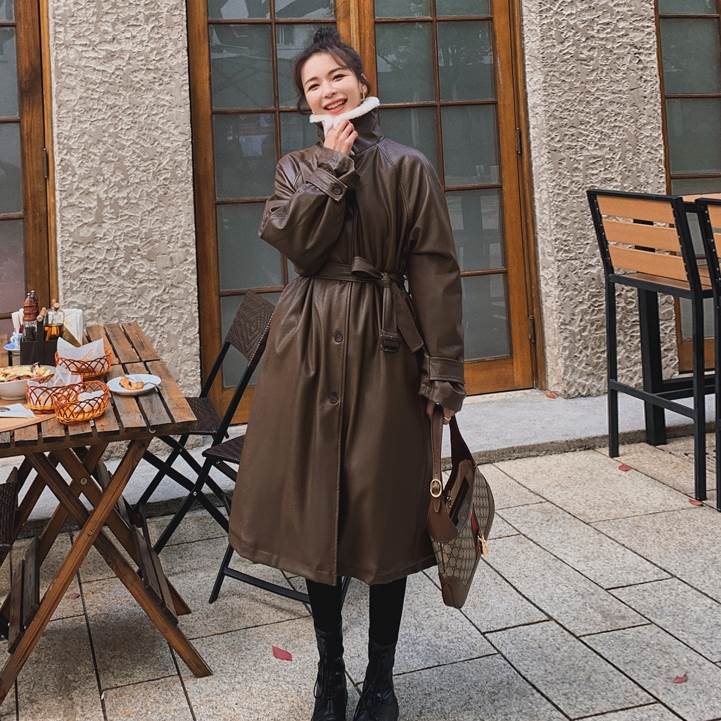新品早く買いに来て もこもこ レザーコート アウター ロング トレンチ コート レディース かっこいい フェイクレザー ボア スタンドカラー 襟 個性的 長袖 大人可愛い 茶色 バイカラー ベルト