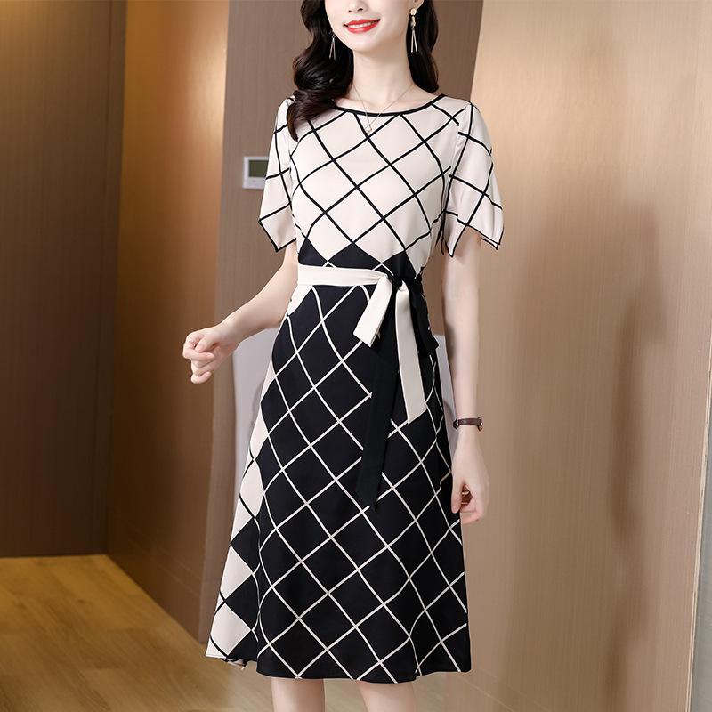 ワンピース レディース きれいめ膝丈ワンピース 春夏 半袖ワンピース チェック柄 レション Aラインスカート 黒 オシャレ大きいサイズ 大人上品 30代