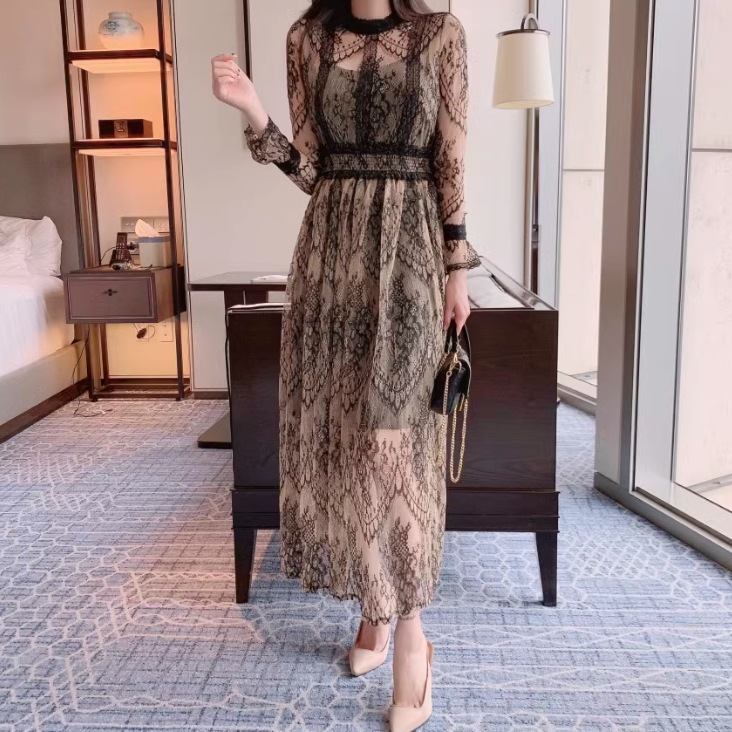 ワンピース ワンピドレス ロング ロング丈 袖あり 長袖 襟なし スタンドカラー セミフレア Aライン レース ハイウエスト 透け感 かわいい 大人可愛い きれいめ 大人 上品 おしゃれ お洒落
