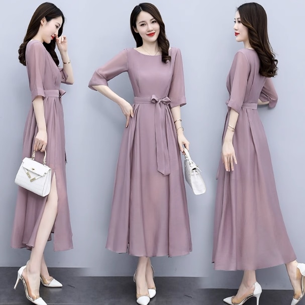 ワンピース プルオーバー フレアワンピース ミモレ丈 袖あり 5分袖 ラウンドネック 襟なし フレア Aライン シフォン ウエストマーク ウエストリボン スリット 透け感 薄手 大人可愛い きれいめ