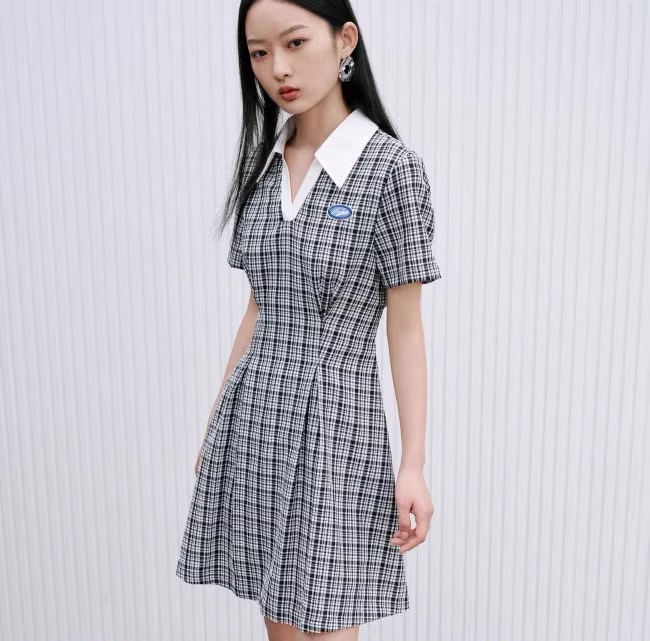 夏 レジャー チェック柄 ウエスト 宝物 ドレス 学生風 個性的 ワンピース ミニ ミニ丈 ショート ショート丈 袖あり 半袖 Vネック 襟付き かわいい カジュアル おしゃれ お洒落 スポーティー